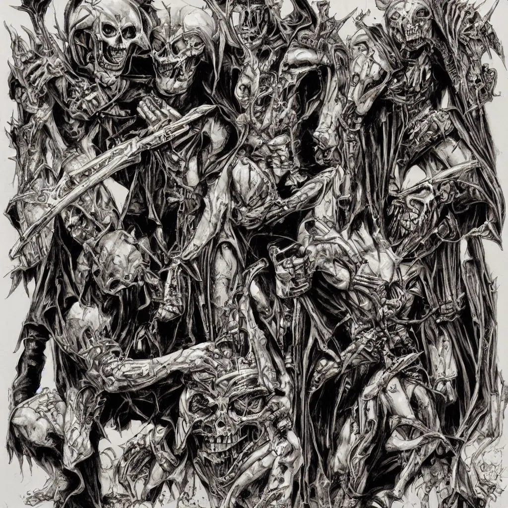 Image similar to judge death and vic rattlehead by simon bisley and h.r. giger