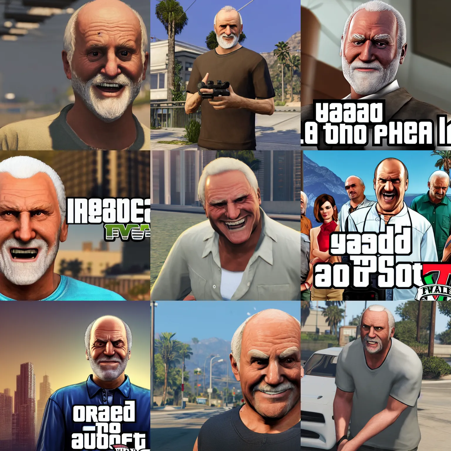 Prompt: hide the pain harold internet meme, stock photo in gta 5, detailed render, 8 k screenshot