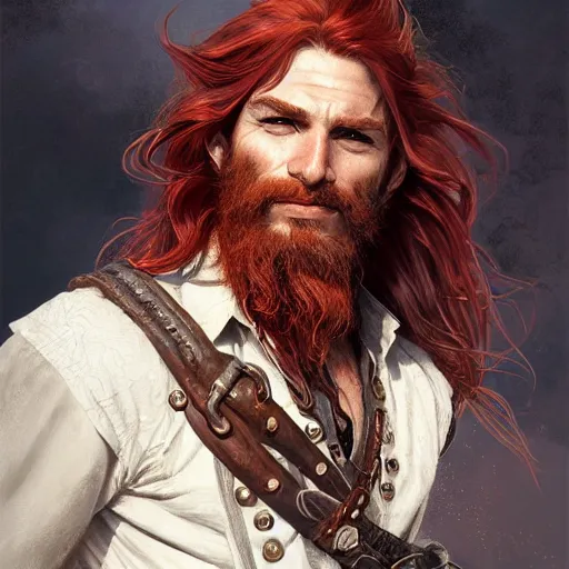 Prompt: portrait of a young ruggedly handsome but joyful pirate, male, masculine, upper body, red hair, long hair, d & d, fantasy, intricate, elegant, highly detailed, digital painting, artstation, concept art, matte, sharp focus, illustration, art by artgerm and greg rutkowski and alphonse mucha