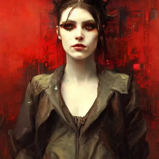 Image similar to Solomon Joseph Solomon and Richard Schmid and Jeremy Lipking victorian genre painting portrait painting of a young beautiful woman cyberpunk future hacker punk rock in fantasy costume, red background