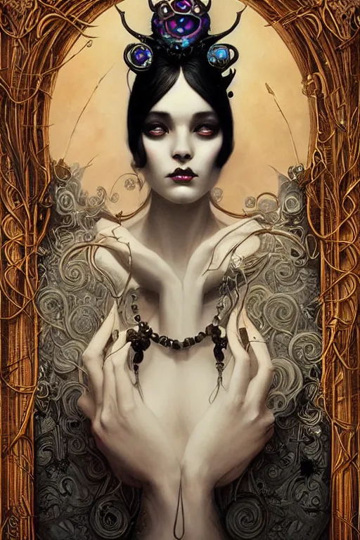 Image similar to black Crown with iridescent pearls, jewels, other worldly, art nouveau, by Anato Finnstark, Tom Bagshaw, Brom