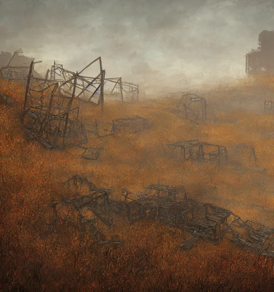 Image similar to rusty broken building constructions of a staircase, the ruins, in the steppe, autumn field, misty background, from the game pathologic 2, early morning, matte painting, by isaac levitan and asher brown durand,