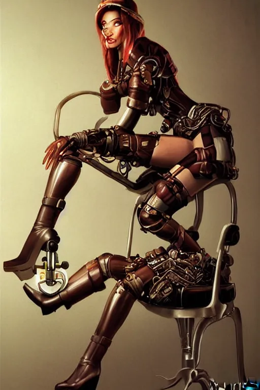 Image similar to retrofuturistic female android tied to a chair, steampunk, gears, detailed mechanical parts, painting by artgerm julie bell Ed Brinkley