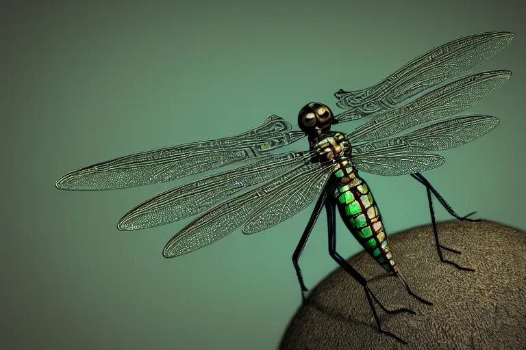 Prompt: armored dragonfly with filigree wings on a green leaf, steampunk style, octane renderer, macro shot, highly detailed, ultra realistic 4K, depth blur