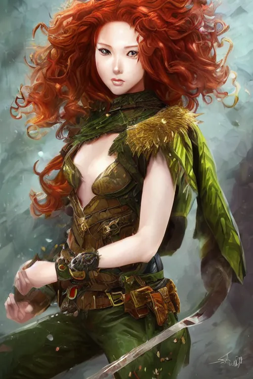 Image similar to A realistic anime portrait of long curly haired redhead female ranger wearing an intricate fantasy ranger outfit, asian facial features, green eyes, digital painting, by Stanley Artgerm Lau, Sakimichan, WLOP and Rossdraws, digtial painting, trending on ArtStation, SFW version