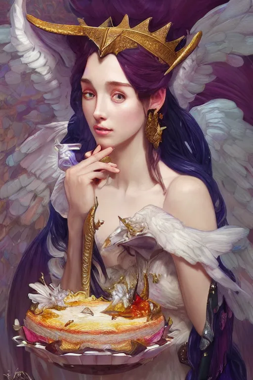 Image similar to portrait of princess celestia scarfing down an entire cake, intricate, elegant, highly detailed, digital painting, artstation, concept art, sharp focus, illustration, art by artgerm and greg rutkowski and alphonse mucha