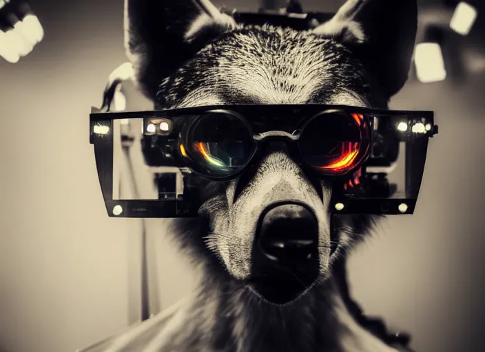 Prompt: portrait of half mechanical wolf with cyberpunk glasses, reflective lens, caustics, bokeh, dust, mechanical parts, neon wires, dark fur, closeup portrait, editorial photography, award winning, establishing shot, dark mood, dark sci fi