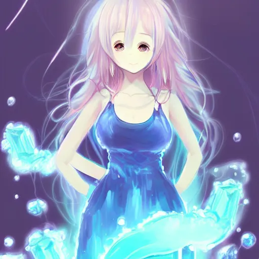 Prompt: advanced digital art a very cute anime girl wearing a dress made of water turning into mist standing in a crystal lake full body WLOP RossDraws Totorl Sakimimichan