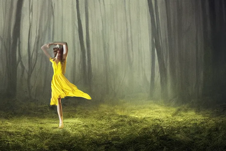 Prompt: A hyper realistic movie still of young woman in a yellow dress as a sorcerer dancing in with spirits in a mystical forest of an exotic world, by Chiara Bautisya, annihilation movie, blade runner movie, in style of Laurie Greasley, Jen Bartel, Background by Tarmo Juhola, kowloon, cinematography Roger Deakins,