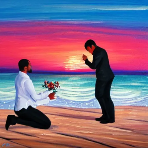 Image similar to man wearing white dress shirt kneeling and proposing to his fiance on a beach with a sunset, acrylic painting,