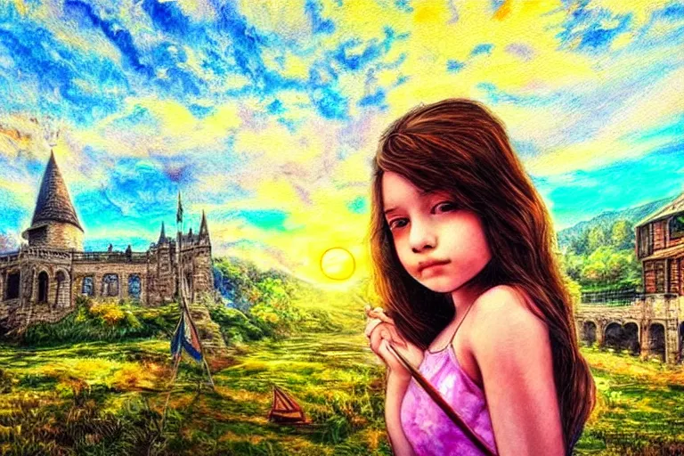 Image similar to girl, fantasy, pen painting, ultra realistic!!!, hdr, clear weather, golden hour, sharp focus