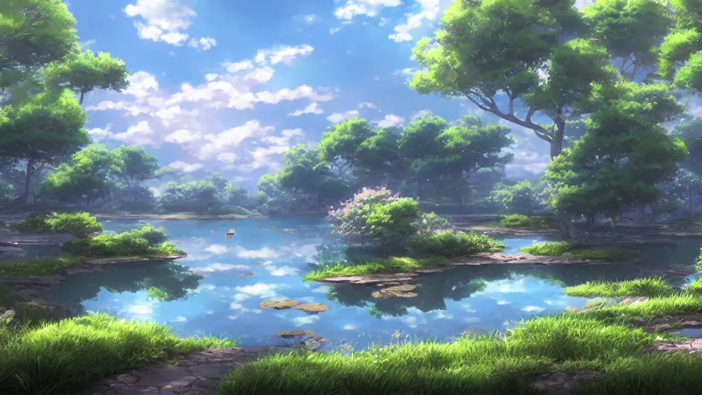 Prompt: a ultradetailed beautiful matte painting of a peaceful pond with a clear water and a magical wind blowing gently, anime landscape, high resolution 4 k, by makoto shinkai, charli bowater and artgeem