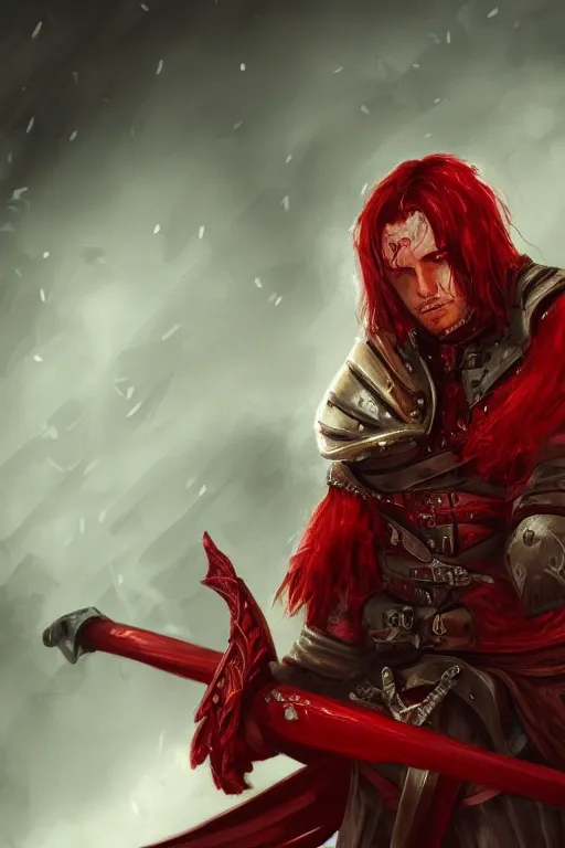 Image similar to a knight in red armour that's scaling, looking angry, one eye is red, scars on the face, long wavy red hair, male, with a black sword, artstation, in the style of Ami Thompson, digital, detailed