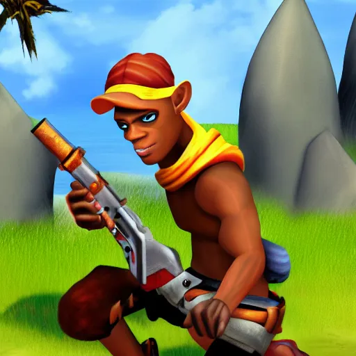 Image similar to carl johnson as a jak and daxter character, jak and daxter screenshot, digital art, ps 2