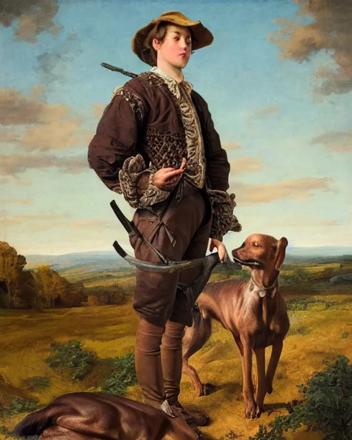 Image similar to intricate beautiful medium - shot, highly detailed, young man in hunting clothes of 1 7 th century with a greyhound dog, autumn field, cinematic lighting, highly detailed, digital art, renaissance painting, by leyendecker, by rutkowsky, by ernest huntley hart