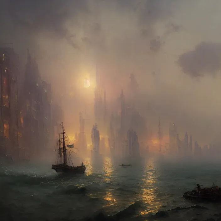 Prompt: a beautiful painting of a cyberpunk city on the sea by ivan aivazovsky and greg rutkowski and james gurney and frank lloyd and sung choi, in style of impressionnisme. hyper detailed, sharp focus, soft light. unreal engine 5 lumen. ray tracing. trending on artstation. oil on canvas