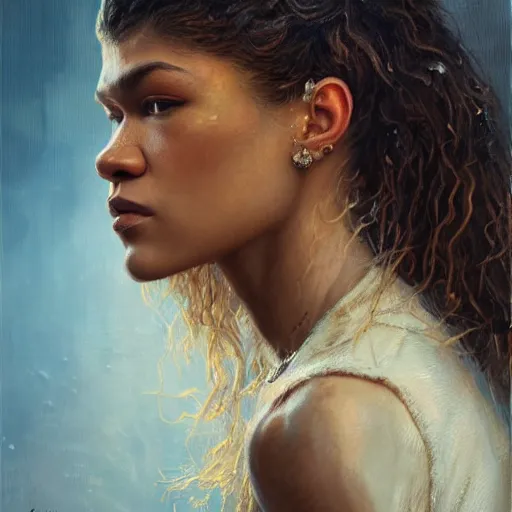 Image similar to hyperrealistic mixed media high resolution image of zendaya, oil painting, art by jamie salmon and istvan sandorfi and greg rutkowski, dim volumetric lighting, extremely hyperdetailed, intricate, highly detailed attributes