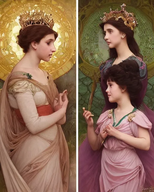 Image similar to a beautiful painting of a shy, blushing princess in a tiara and an iridescent art nouveau gown resembling millie bobby brown watching the lantern festival, intricate, elegant, highly detailed, digital painting, artstation, concept art, by krenz cushart and artem demura and william adolph bouguereau and alphonse mucha