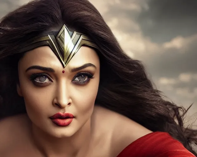 Image similar to a photo of aishwarya rai as a wonder woman, hyper realistic face, beautiful eyes, cinematic, long shot, hyper detailed, 8 5 mm photograph, 8 k resolution, film still, sharp lens, wide lens