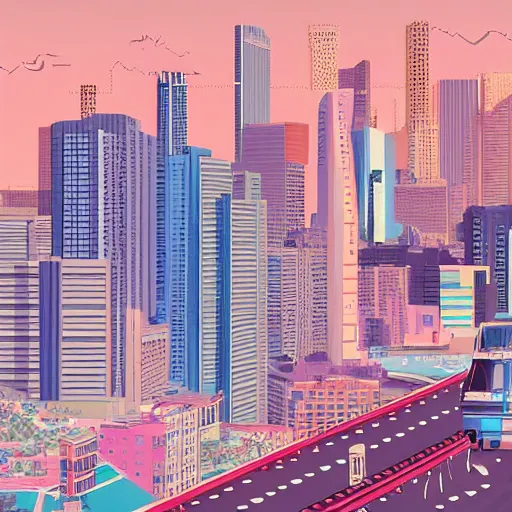 Image similar to retrowave by richard mcguire, by tiago haseltine churning. a mixed mediart of a cityscape. the mixed mediart shows a view from an elevated train line of the city below.