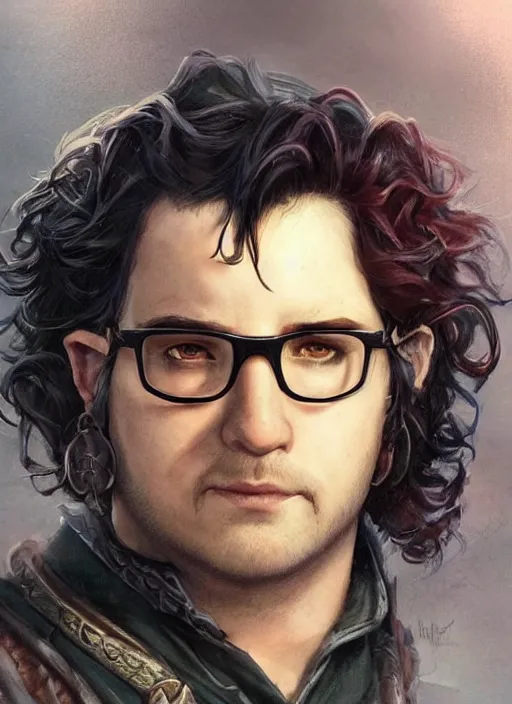 Prompt: chubby male with black wavy hair and glasses, dndbeyond, bright, colourful, realistic, dnd character portrait, face, pathfinder, pinterest, art by ralph horsley, dnd, rpg, lotr game design fanart by concept art, behance hd, artstation, deviantart, hdr render in unreal engine 5