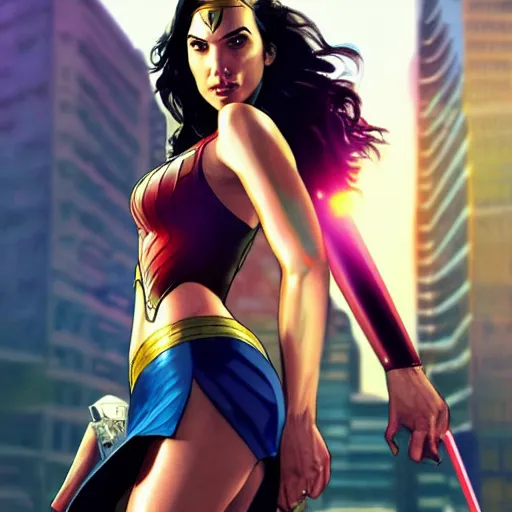 Image similar to gal gadot in gta v loading screen, cover art by stephen bliss, artstation, no text