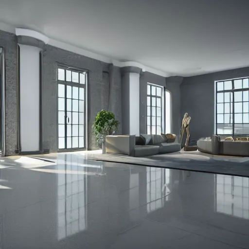 Prompt: Virtual Set, architectural digest, studio floor, wide shot, highly reflective light, made in unreal engine-W 2000