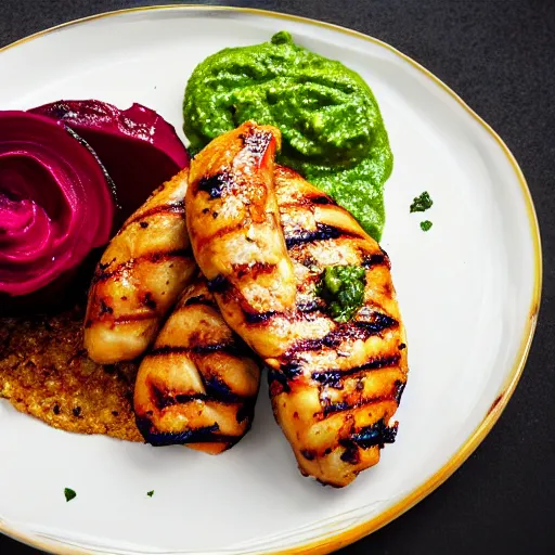 Prompt: grilled chicken marinated in chimichurri sauce, dollops of pureed carrots, parmesan crisps and a red beet sauce, michelin starred food, award winning photography