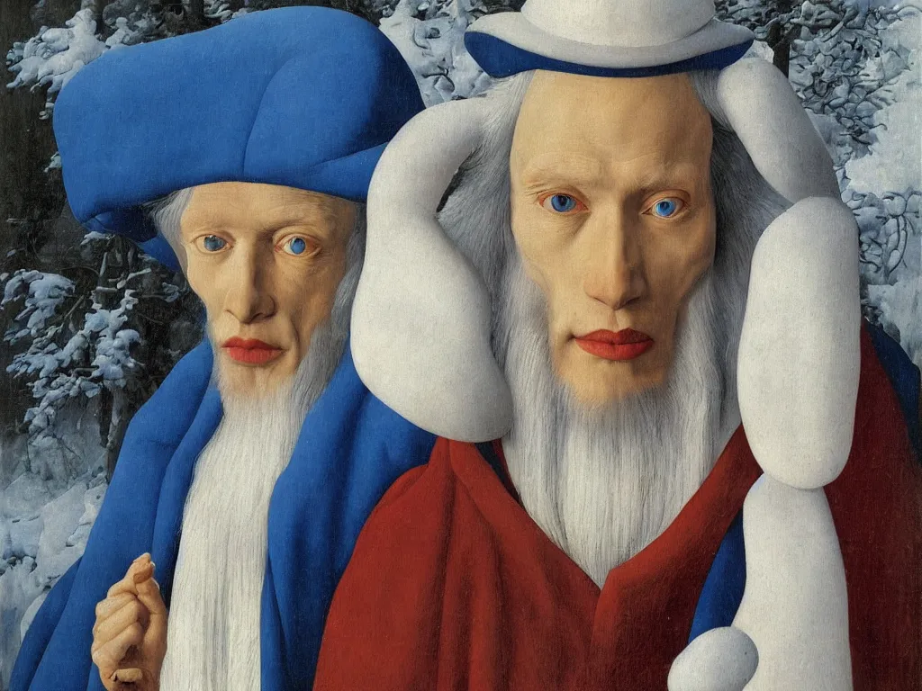 Image similar to Portrait of albino mystic with blue eyes, with snow. Painting by Jan van Eyck, Audubon, Rene Magritte, Agnes Pelton, Max Ernst, Walton Ford