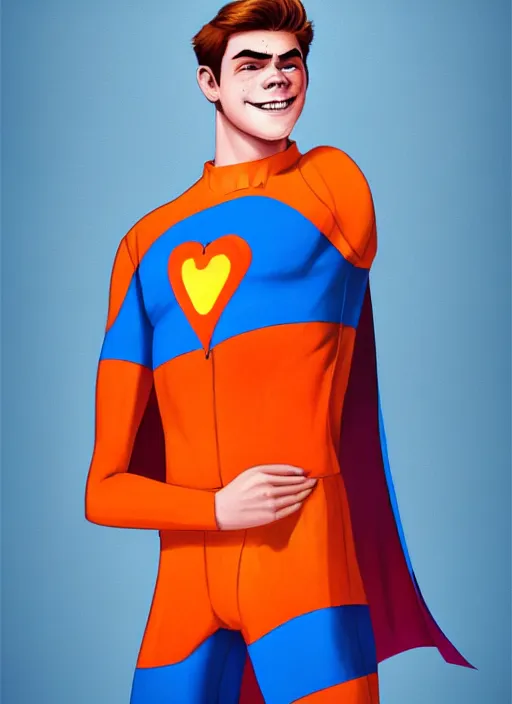 Image similar to friendly teenage archie andrews wearing an orange superhero costume with heart logo, heart, freckles, blue cape, heart emblem on chest, blue cape, intricate, elegant, glowing lights, highly detailed, digital painting, artstation, sharp focus, illustration, art by wlop, mars ravelo and greg rutkowski