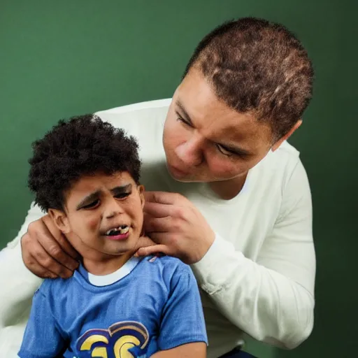 Prompt: small mixed race child being told he isn't good enough to play for leeds his dad is consoling him crying. art station,