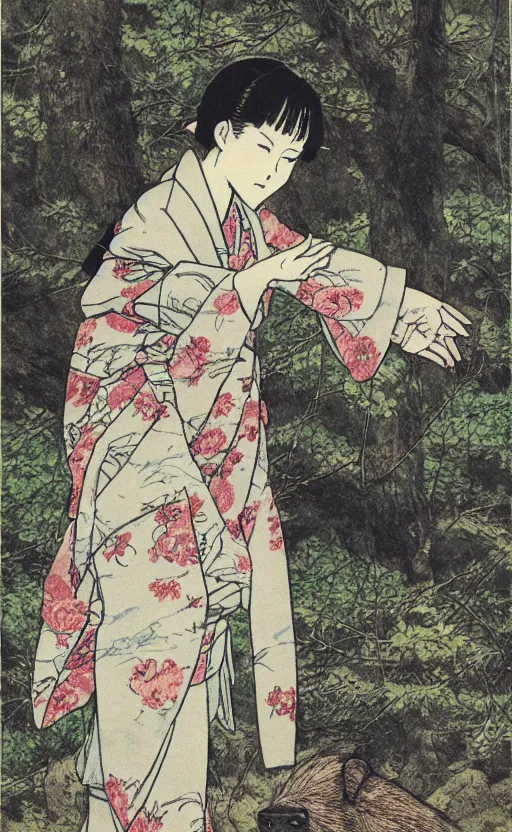 Image similar to by akio watanabe, manga art, girl observing to a boar in the forest, trading card front, kimono, realistic anatomy