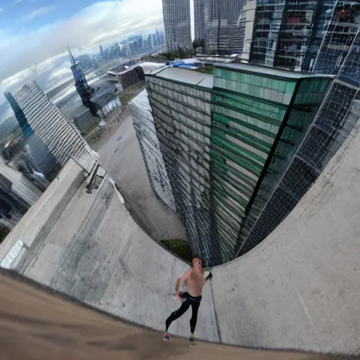 Image similar to first person perspective pov of parkour at high buildings