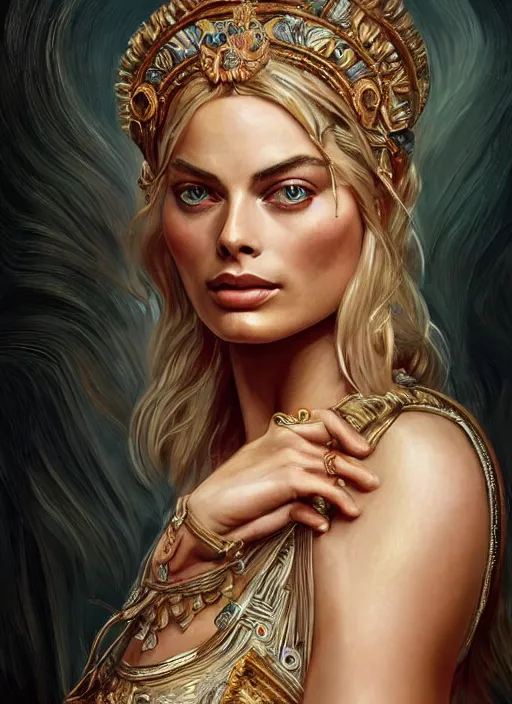 Image similar to Margot Robbie as a Greek Goddess, beautiful detailed eyes, cute, fantasy, intricate, elegant, highly detailed, digital painting, 4k, HDR, concept art, detailed jewelry, smooth, sharp focus, illustration, art by Artgerm, H R Giger and Alphonse Mucha