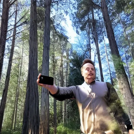 Image similar to elon musk taking a selfie in the forest, extremely detailed