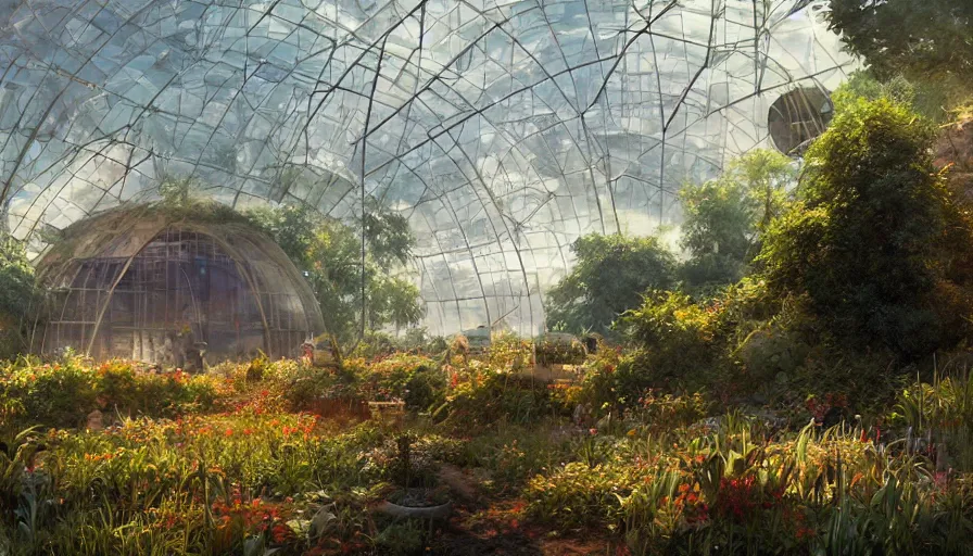 Prompt: craig mullins and ghibli digital illustration of the interior of the largest biodome in the world, fields of crops, farms, colorful, unreal engine, hyper realism, realistic shading, cinematic composition, realistic render, octane render, detailed textures, photorealistic, wide shot,