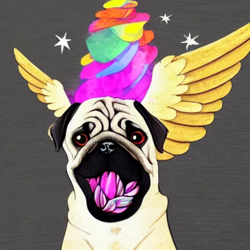 Prompt: a pug with wings and a unicorn horn smoking a cigar