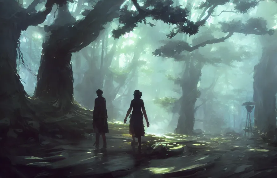 Image similar to greg manchess concept art of a the ghostwood dimension, key visual, ambient lighting, highly detailed, digital painting, artstation, concept art, sharp focus, by makoto shinkai and akihiko yoshida and hidari and wlop and greg rutkowski