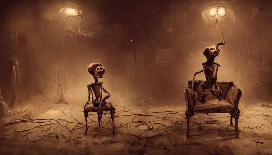 Prompt: dusty abandoned creepy circus with lonely puppet sit on a chair in the dark, hyperdetailed, artstation, cgsociety, 8 k