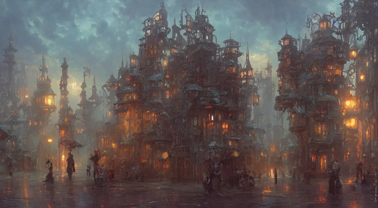 Prompt: a beautiful matte concept art painting of victorian style steampunk robots, concept art, studio ghibli, artstation, by thomas kinkade and james gurney and vladislav beksinski