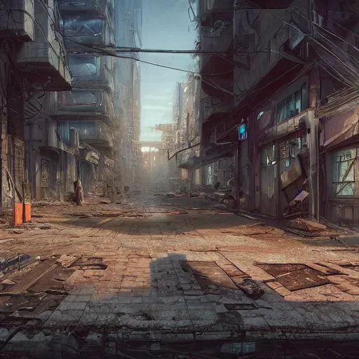Prompt: hyperrealistic matte painting of a desolate city street, shadows of cyberpunk drifters roaming tall abandoned buildings, intricate detail, vr, cables, distortions, piping, 8 k resolution, hugh ferris, concept art, trending on artstation