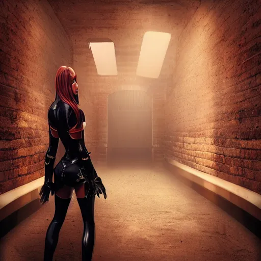 Prompt: a school boy being intimidated by a succubus in a leather suit, devi wings, cracked brick wall, long hallway, light at the end of the tunnel, volumetric lighting, concept art, detailed, dramatic lighting, by wlop, artgerm