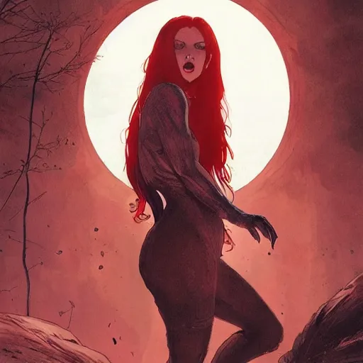 Image similar to a beautiful comic book illustration of a vampire woman with long red hair laying near a lake at night by Jerome Opeña and Greg Rutkowski, featured on artstation