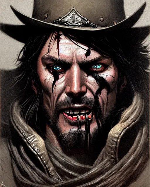 Image similar to mccree from overwatch, evil, crazed look in his eyes, character portrait, portrait, close up, concept art, intricate details, highly detailed, horror poster, horror, vintage horror art, realistic, terrifying, in the style of michael whelan, beksinski, and gustave dore