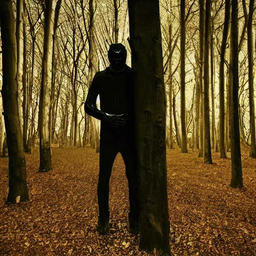 Prompt: a dark creepy man with bright eyes hiding behind a tree in the woods at night staring