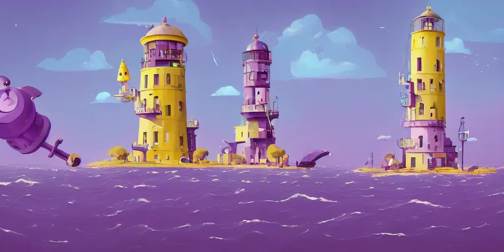 Image similar to cute purple and yellow cartoon monsters building a lighthouse by Goro Fujita and Simon Stalenhag , 8k, trending on artstation, hyper detailed, cinematic