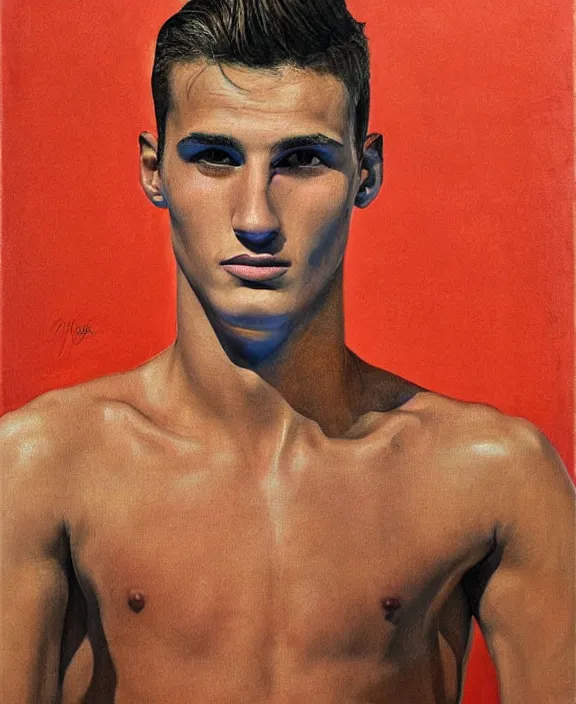 Image similar to portrait of a handsome young spanish swimmer, art by denys tsiperko and bogdan rezunenko, hyperrealism