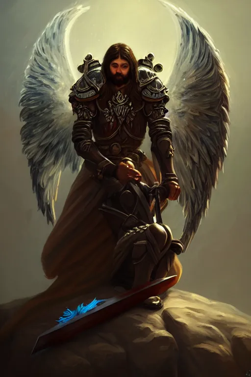 Image similar to blizzard art, portrait of fallen man angel kneeling with a sword and shield and wings, close-up, bokeh. dark art masterpiece artstation. 8k, sharp high quality illustration in style of Jose Daniel Cabrera Pena and Leonid Kozienko, concept art by Tooth Wu