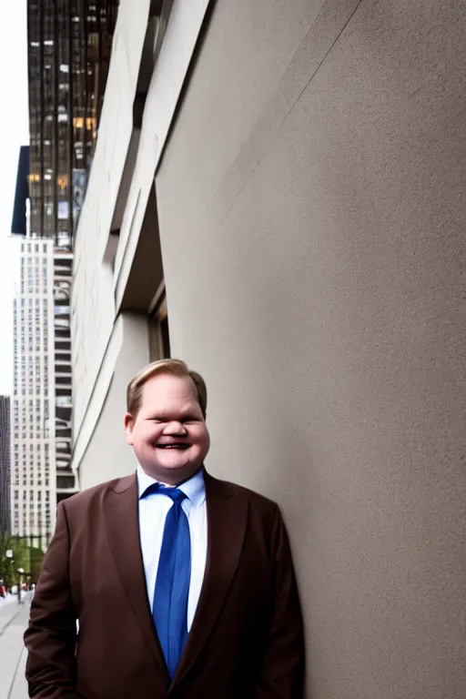 Prompt: andy richter wearing a brown suit and necktie, ultra hd photo, 3 5 mm close up, fish eye, realistic, smiling, standing in the streets of chicago, holding a postcard from chicago