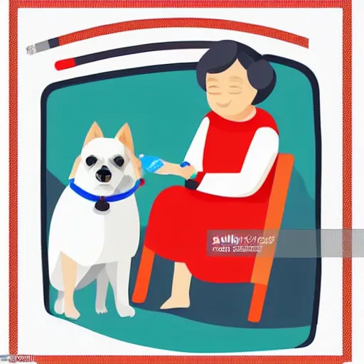 Image similar to a flat design illustration of a grandma with a dog. the grandma using a smart phone. the illustration using only solid colors, the colors are red, gray and white.